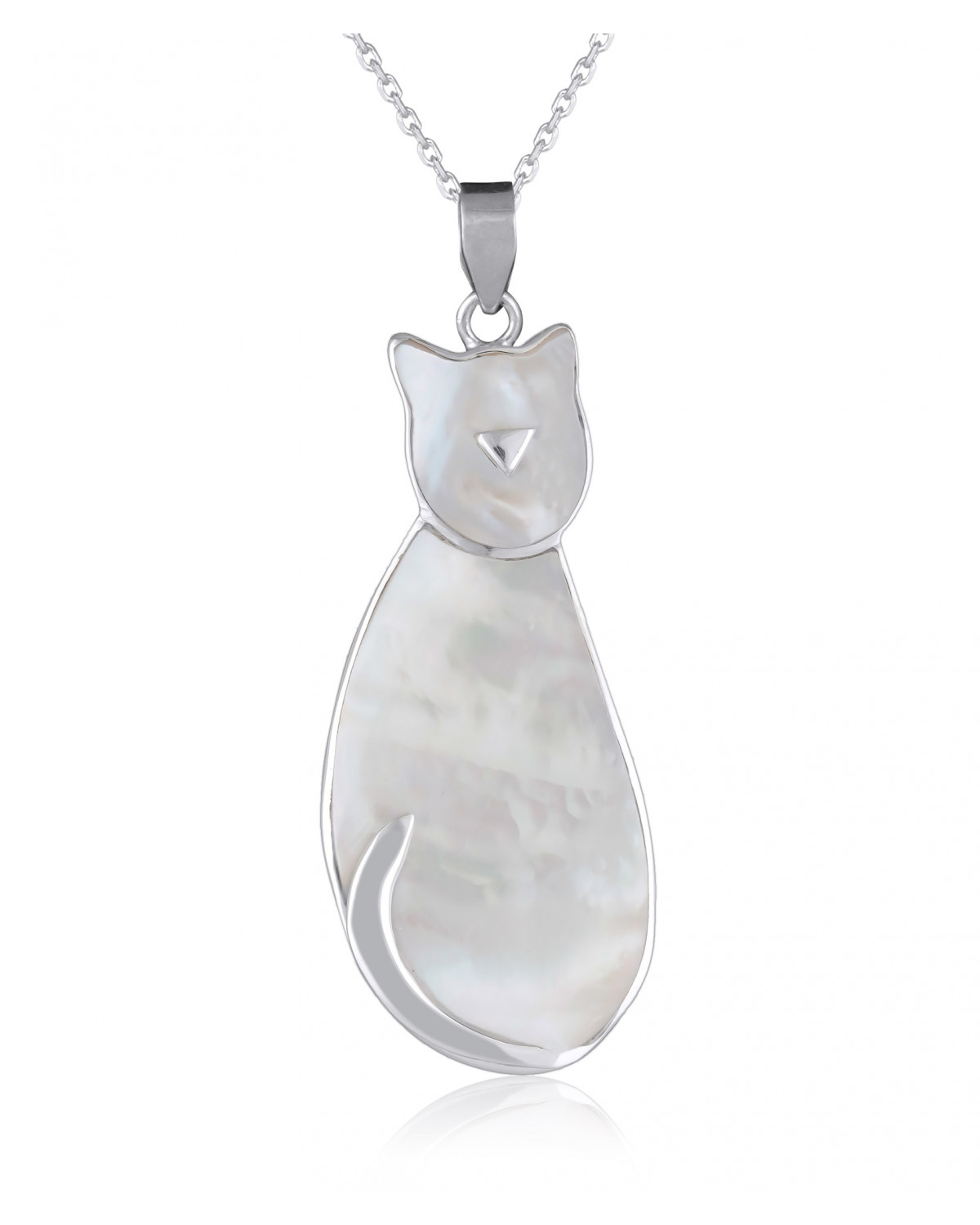 925 Sterling Silver White Mother-of-pearl Cat Pendant