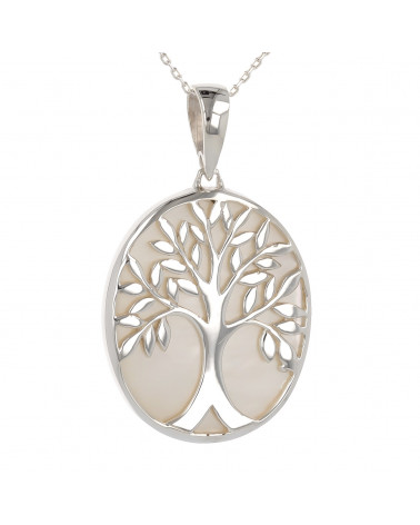 Jewelery Gift Symbol Tree of Life-Pendant - Mother of Pearl white- Sterling Silver-Oval-Unisex