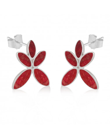 Geschenk Frau-Ohrringe Blume-Rote Koralle-Sterling Silber-Frau