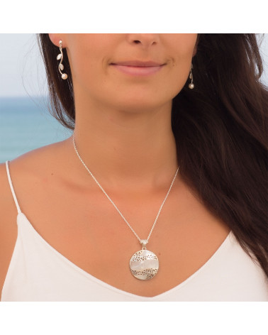 personalized gift woman-Pendant - White mother-of-pearl- Sterling silver-round-Woman