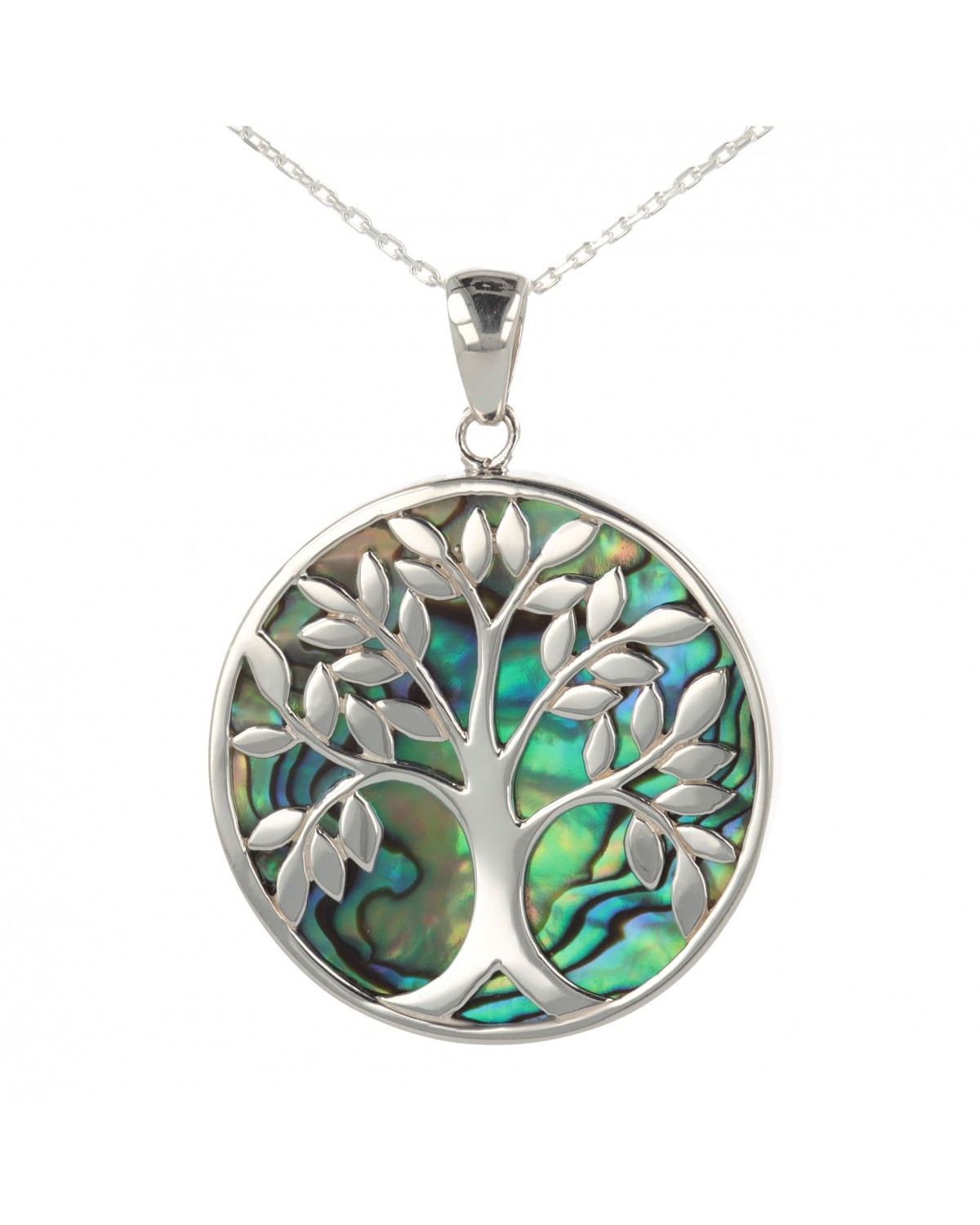 925 Sterling Silver Abalone Mother-of-pearl Tree of Life Round Shape Pendant