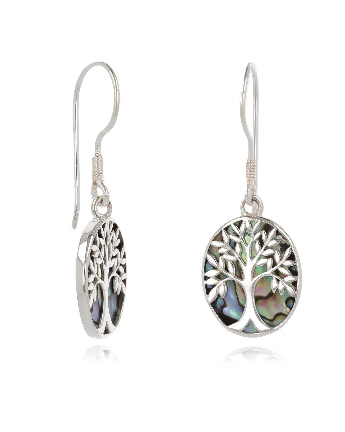 925 Sterling Silver Abalone Mother-of-pearl Tree of Life Oval Shape Earrings