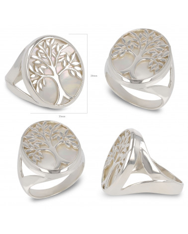 Schmuck-Geschenk-Symbol Baum des Lebens-Ringe-Perlmutt Weiss-Silber-Damen
