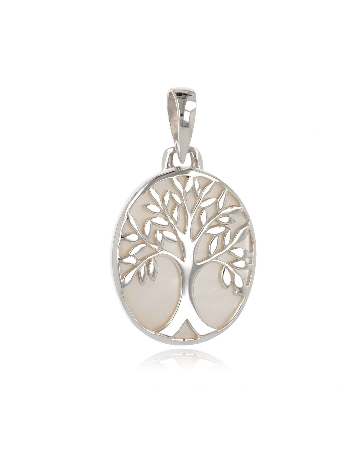 Geschenk Schmuck Symbol Baum des Lebens-Anhänger -Weiss Perlmutt Sterling Silber-Oval-Frau