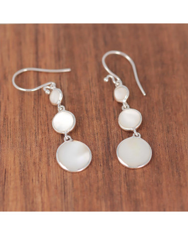 Gift jewelry 3 cabochons Dangle earrings Nacre White Sterling silver oval shape solid silver woman