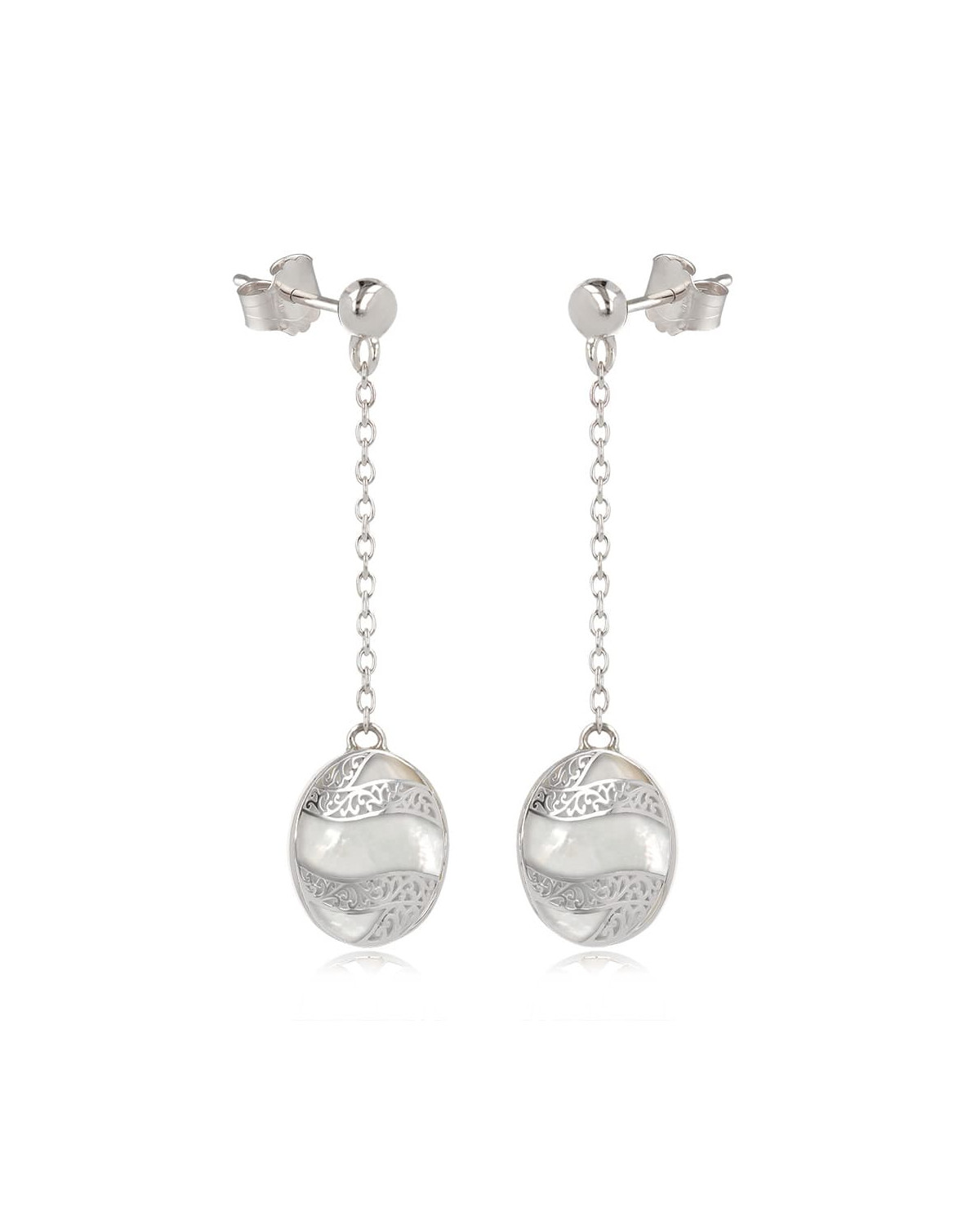 925 Sterling Silver White Mother-of-pearl Oval Shape Earrings