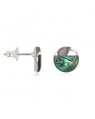 Abalone mother-of-pearl dangle earrings 3 discs round shape on rhodium 925 sterling silver