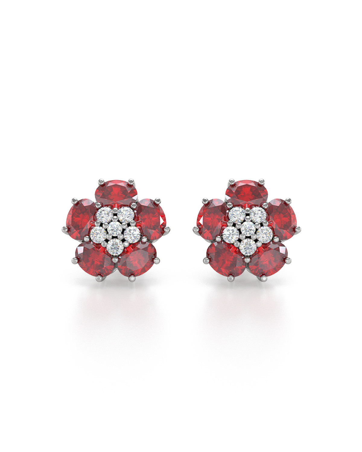 Boucles d'oreille Fleur Rubis et Diamants sur Argent 925 2.86grs