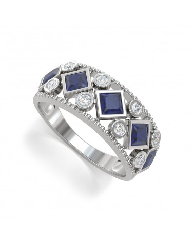 925 Silver Sapphire Diamonds Ring