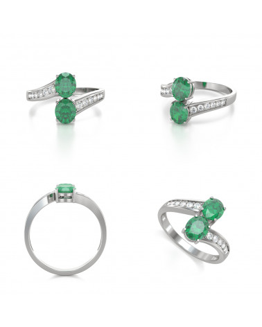 Bague Duo Émeraudes CALINE en argent 925, vue latérale montrant le serti 4 griffes des émeraudes