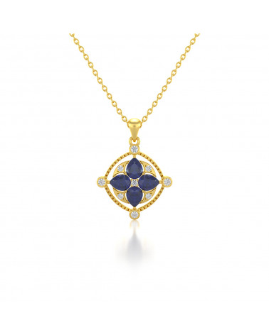 14K Gold Sapphire Diamonds Necklace Pendant Gold Chain included ADEN - 1