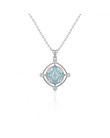 925 Silver Aquamarine Diamonds Necklace Pendant Chain included ADEN - 1