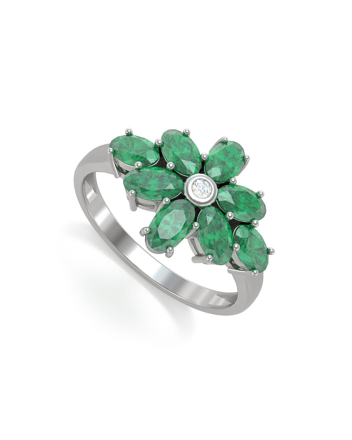 925 Silver Emerald Diamonds Ring