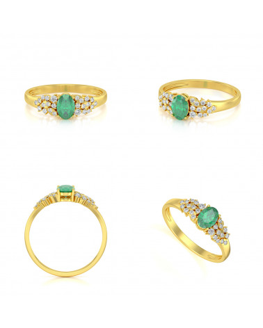 Bague en Or Jaune 14K ou 18K avec Émeraude et Diamants, vue détaillée pour apprécier chaque angle