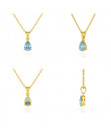 Détails du serti 3 griffes et finitions du pendentif Elsa aigue-marine taille poire en or jaune