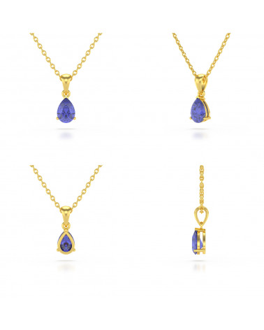 Détails du serti 3 griffes et finitions du pendentif Elsa tanzanite taille poire en or jaune