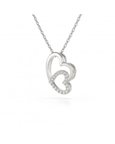 Collier Pendentif Double Coeur Or Blanc Diamant Chaine Or incluse 1.09grs