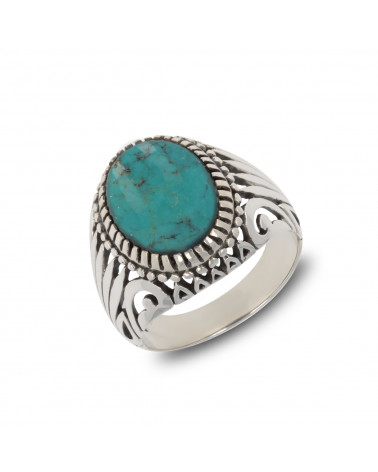 Antique effect 925 Sterling Silver Turquoise Biker Ring