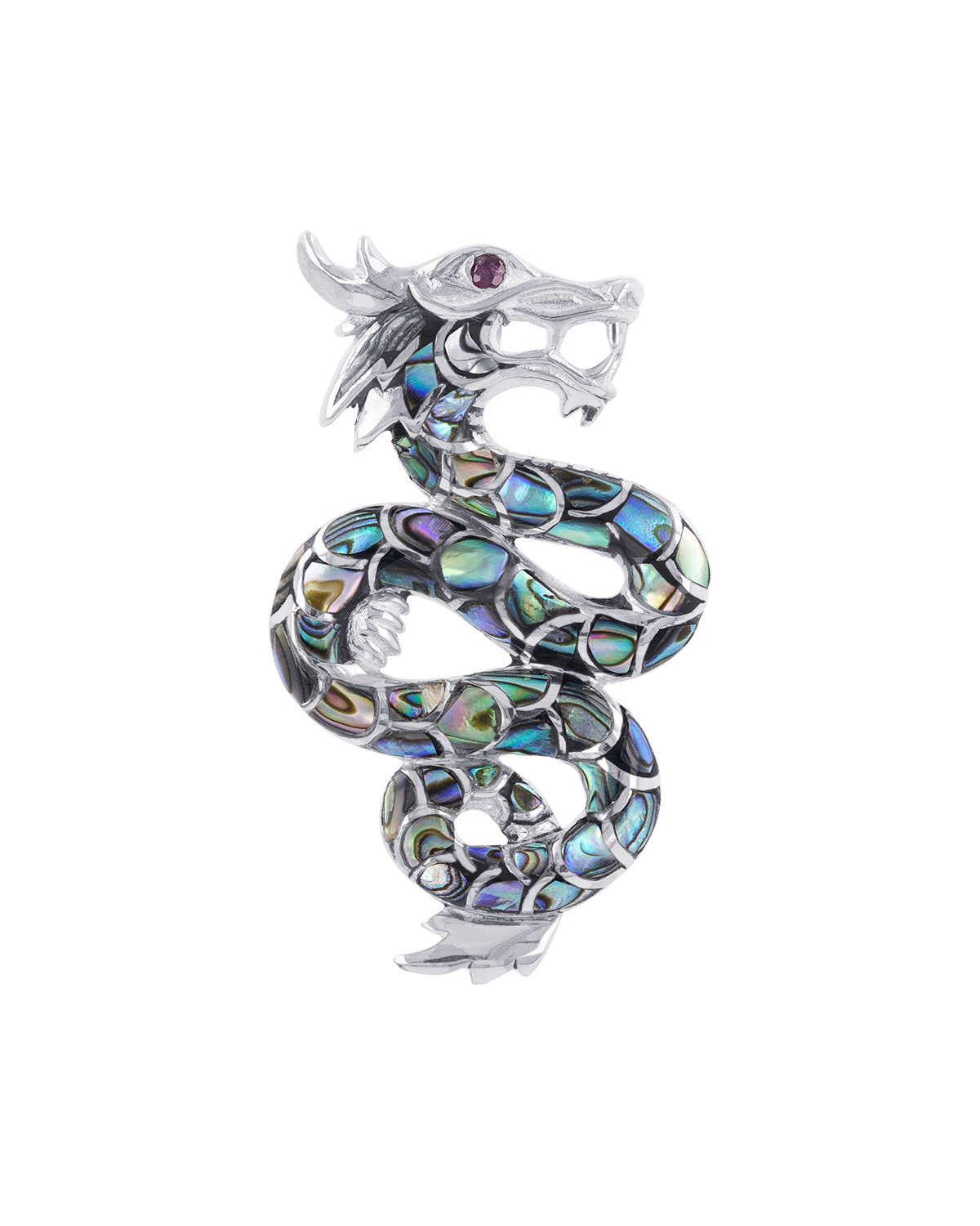 Pendentif Dragon Argent 925 et Nacre Abalone avec Chaîne Argent