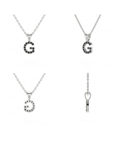 Collier Pendentif Lettre G Diamant Noir Chaine Argent 925 incluse 0.72grs