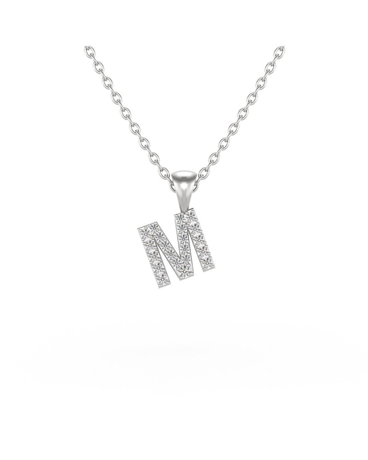 Collier Pendentif Lettre M Or Blanc Diamant Chaine Or incluse 0.72grs