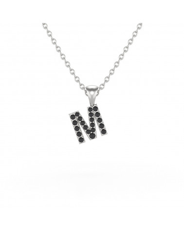 Collier Pendentif Lettre M Or Blanc Diamant Noir Chaine Or incluse 0.72grs