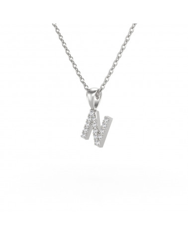 Collier Pendentif Lettre N Or Blanc Diamant Chaine Or incluse 0.72grs