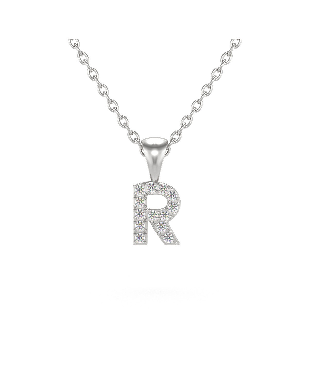 Collier Pendentif Lettre R Or Blanc Diamant Chaine Or incluse 0.72grs