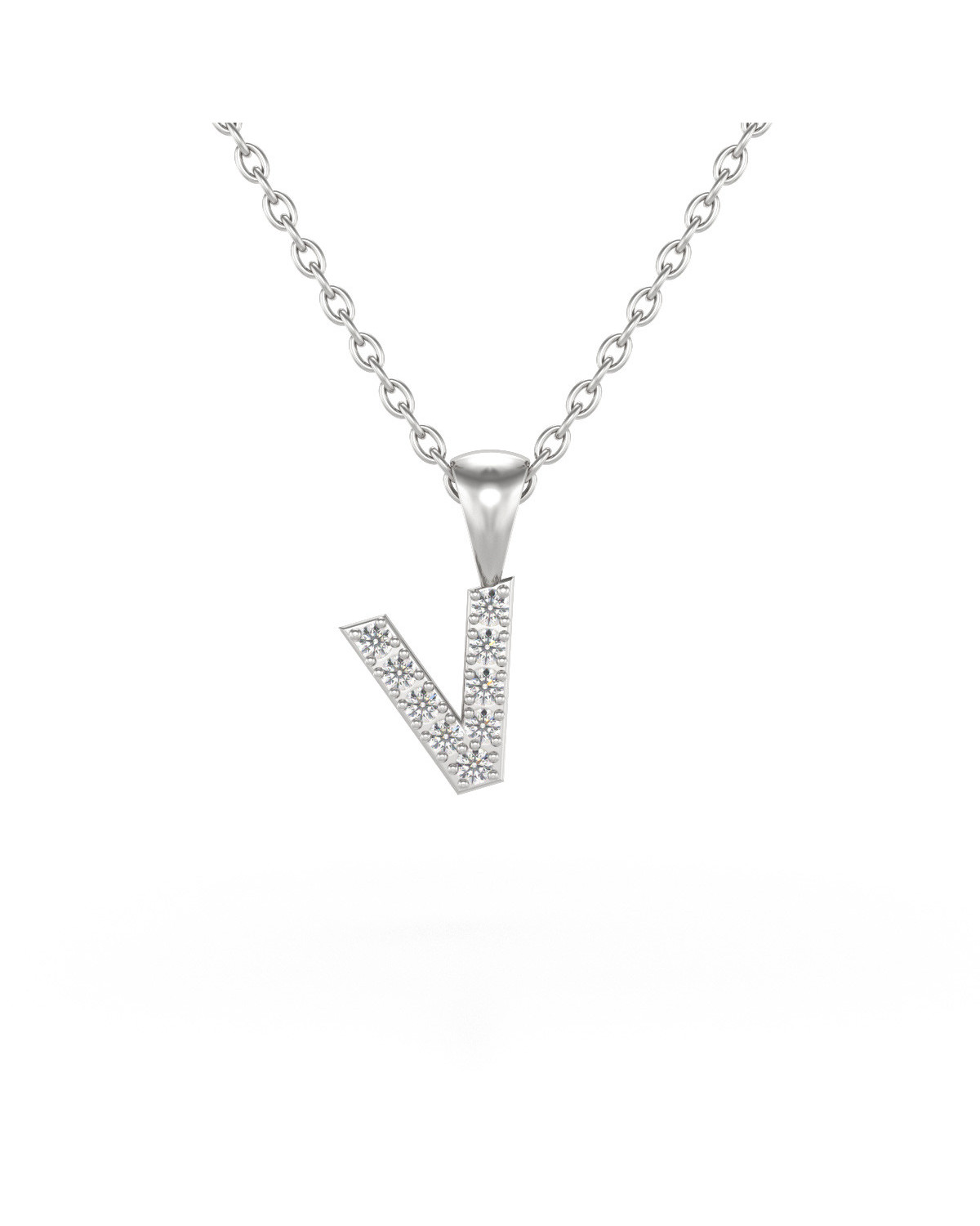 Collier Pendentif Lettre V Or Blanc Diamant Chaine Or incluse 0.72grs