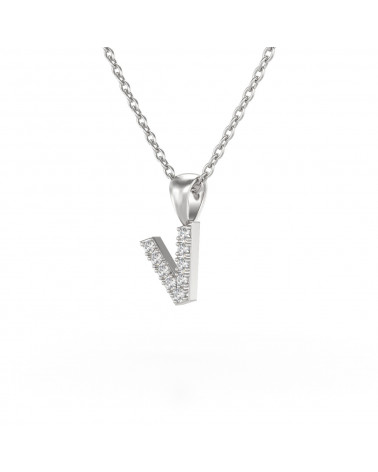 Collier Pendentif Lettre V Or Blanc Diamant Chaine Or incluse 0.72grs