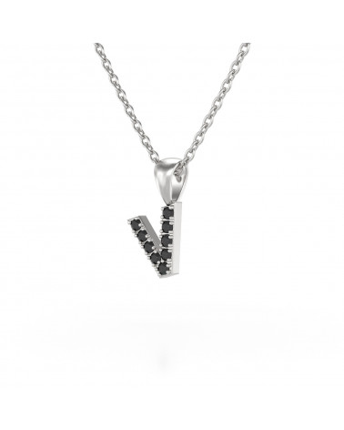 Collier Pendentif Lettre V Diamant Noir Chaine Argent 925 incluse 0.72grs
