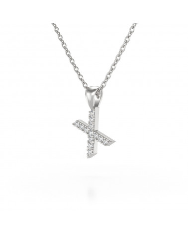 Collier Pendentif Lettre X Or Blanc Diamant Chaine Or incluse 0.72grs