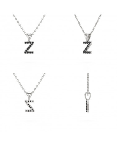 Collier Pendentif Lettre Z Or Blanc Diamant Noir Chaine Or incluse 0.72grs