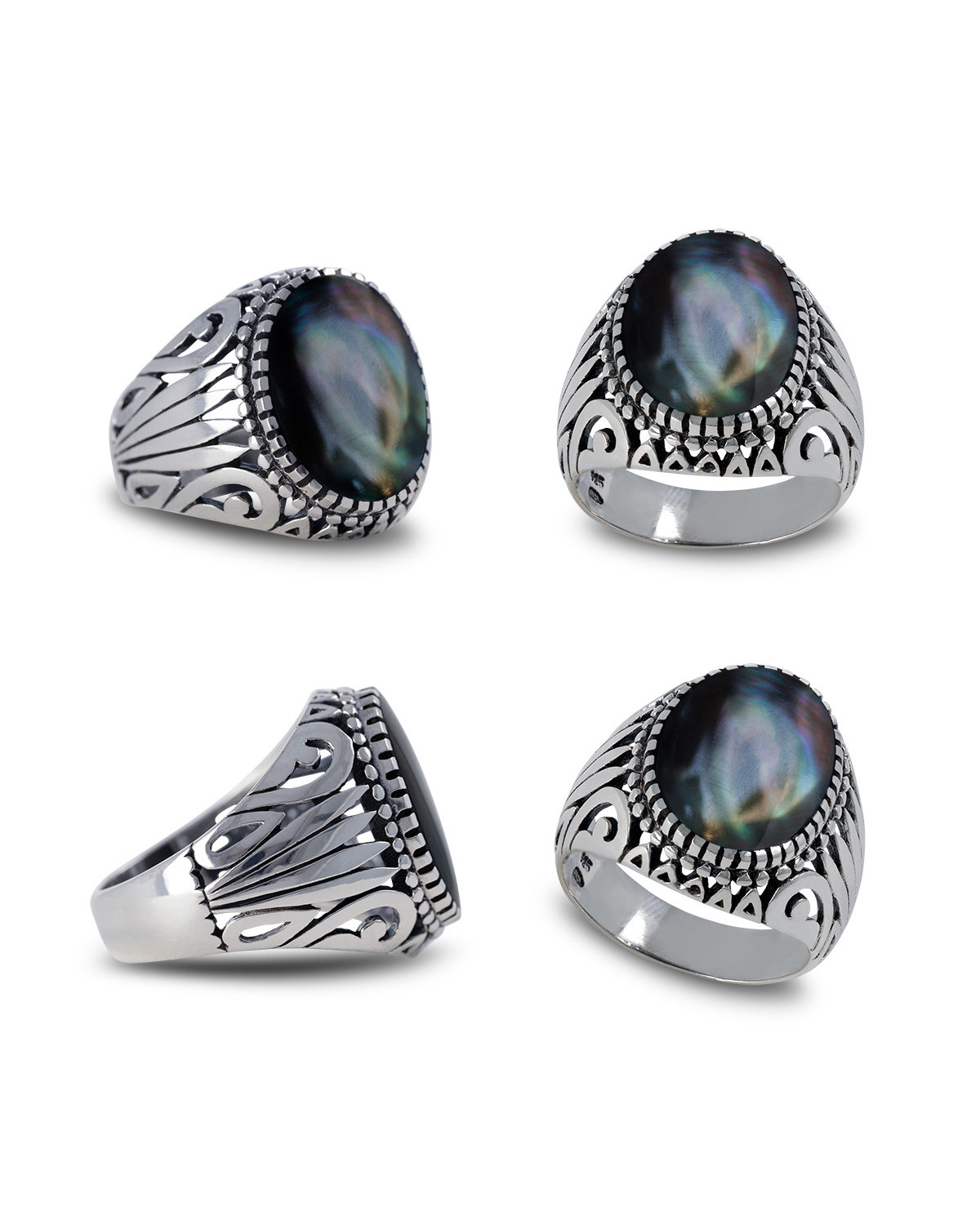 Bague Argent Massif Avec Cabochon De Nacre Bleu – Taille 59, Design Ajouré