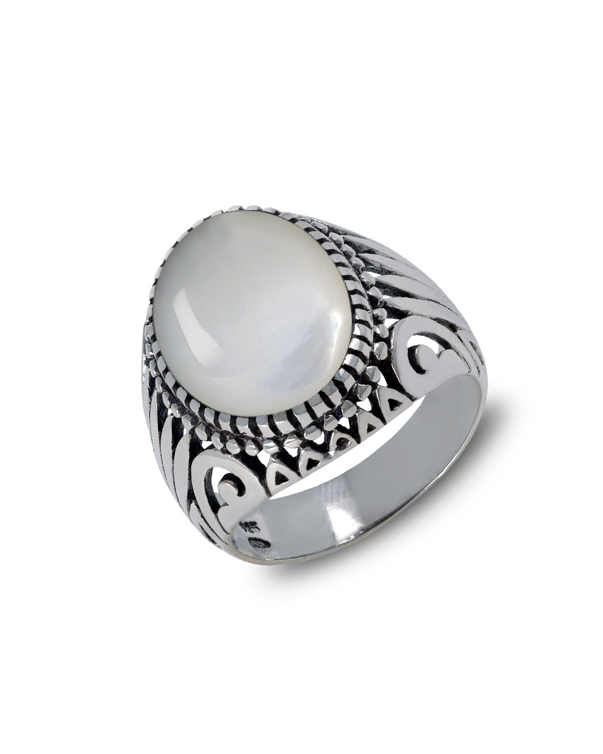 Antique effect 925 Sterling Silver White Mother-of-pearl Biker Ring