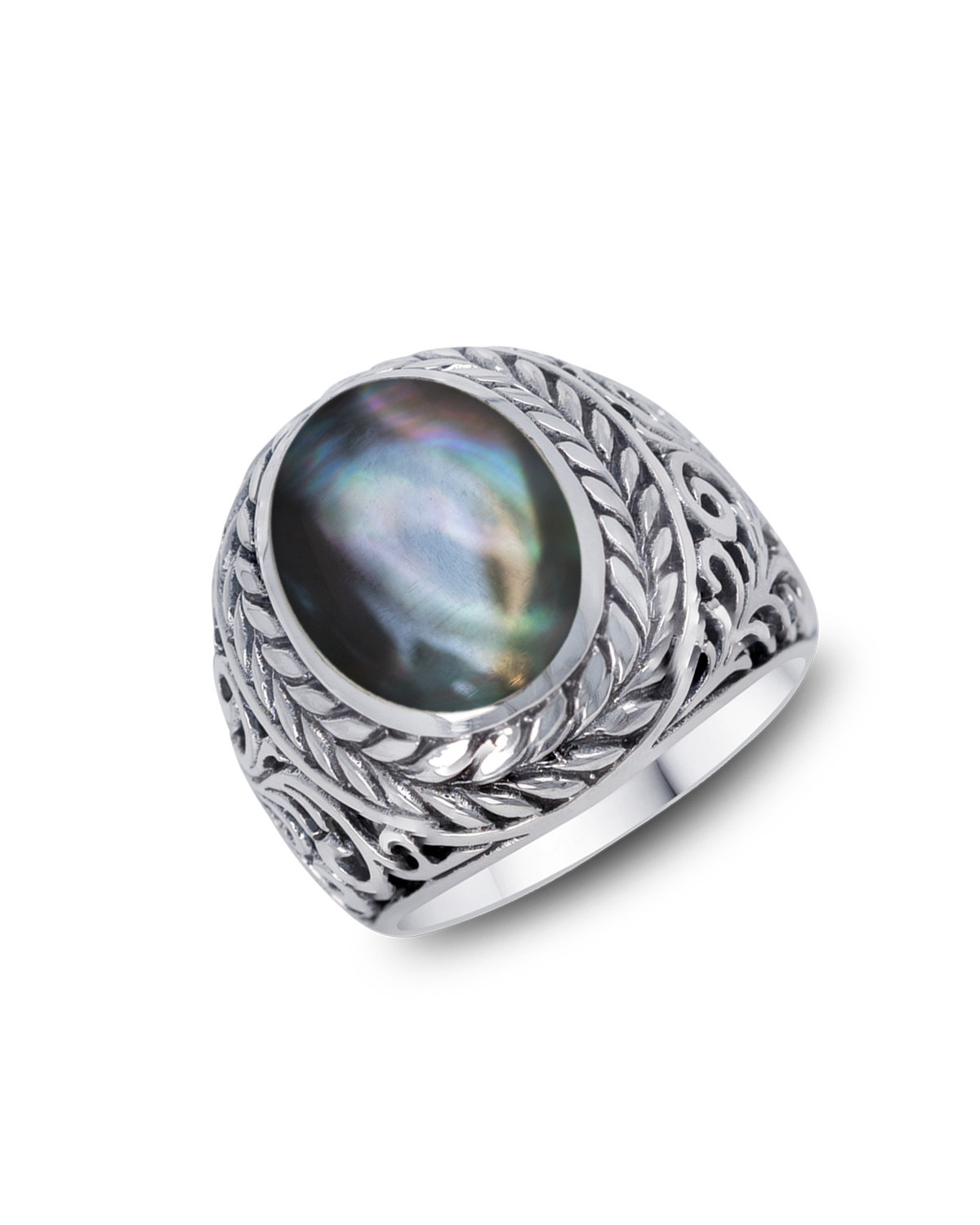 Biker Ring Black Mother of Pearl Aged Silver