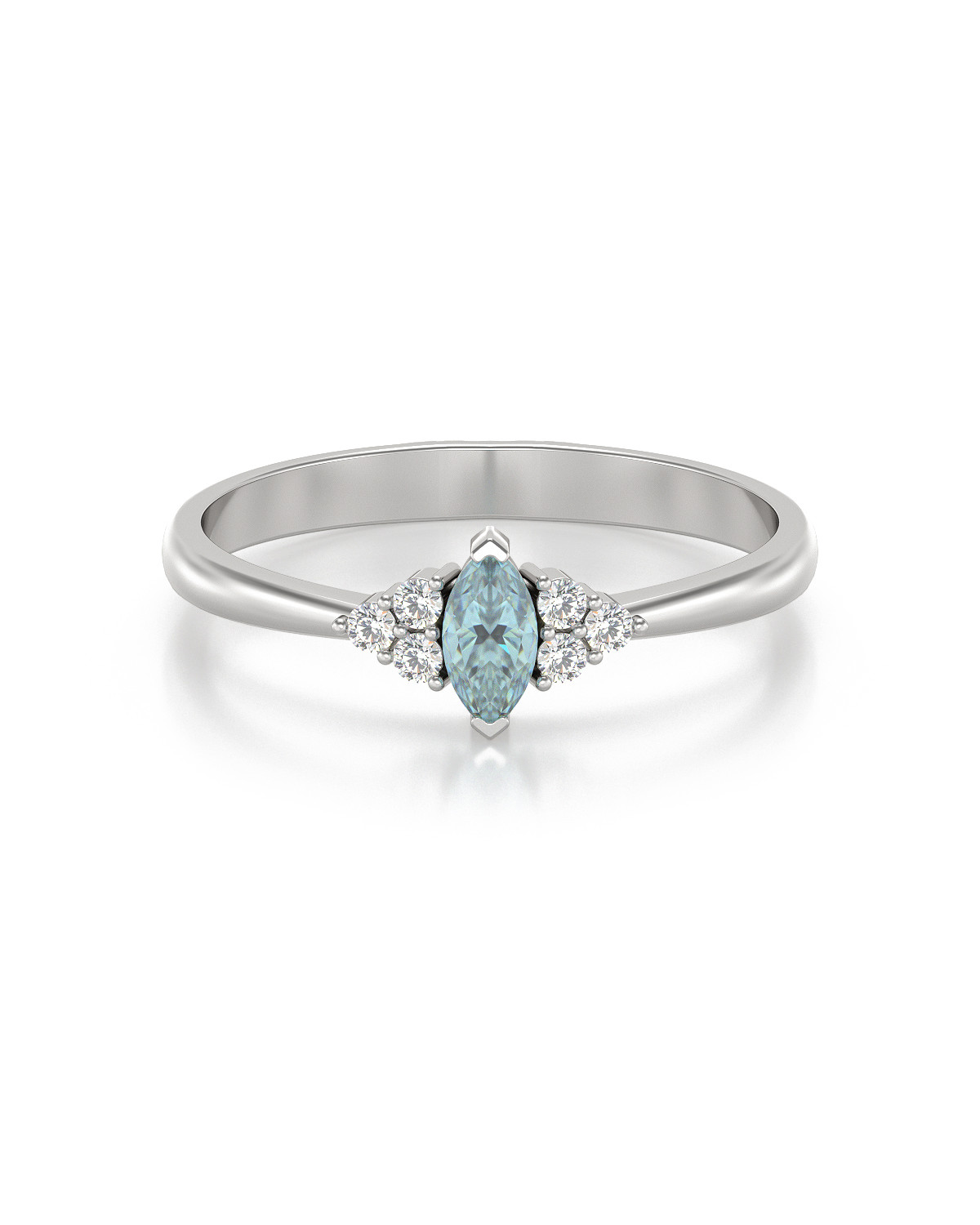 Anillo de Oro Blanco con Aguamarina Talla Marquesa y Diamantes - Colección ABRIL - Piedra de Nacimiento de Marzo