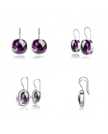 Genuine Deep Violet Amethyst Earrings - 38 Facets - Set in Rhodium 925 Silver
