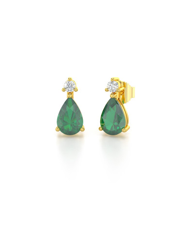 Boucles d'oreille Or Jaune Emeraude forme Poire et Diamants 1.15grs