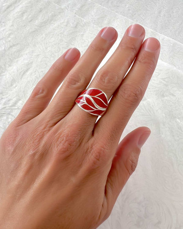 Anillo de Coral y Plata de Ley 925 ‰ - Motivo Hoja Elegante