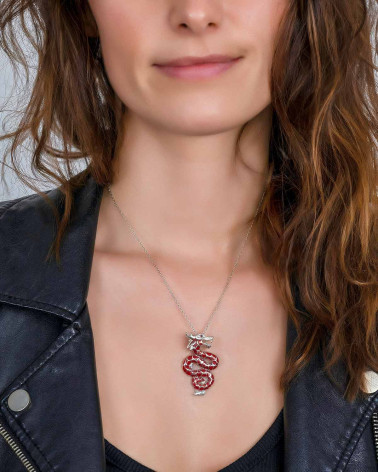 Pendentif dragon argent massif Corail Zirconium rouge chaîne serpent incluse