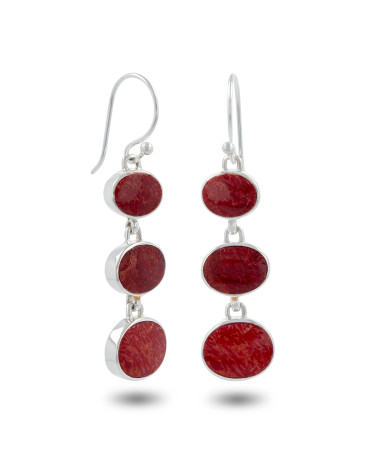 Pendientes Colgantes de Coral Rojo Ovalado y Plata de Ley 925