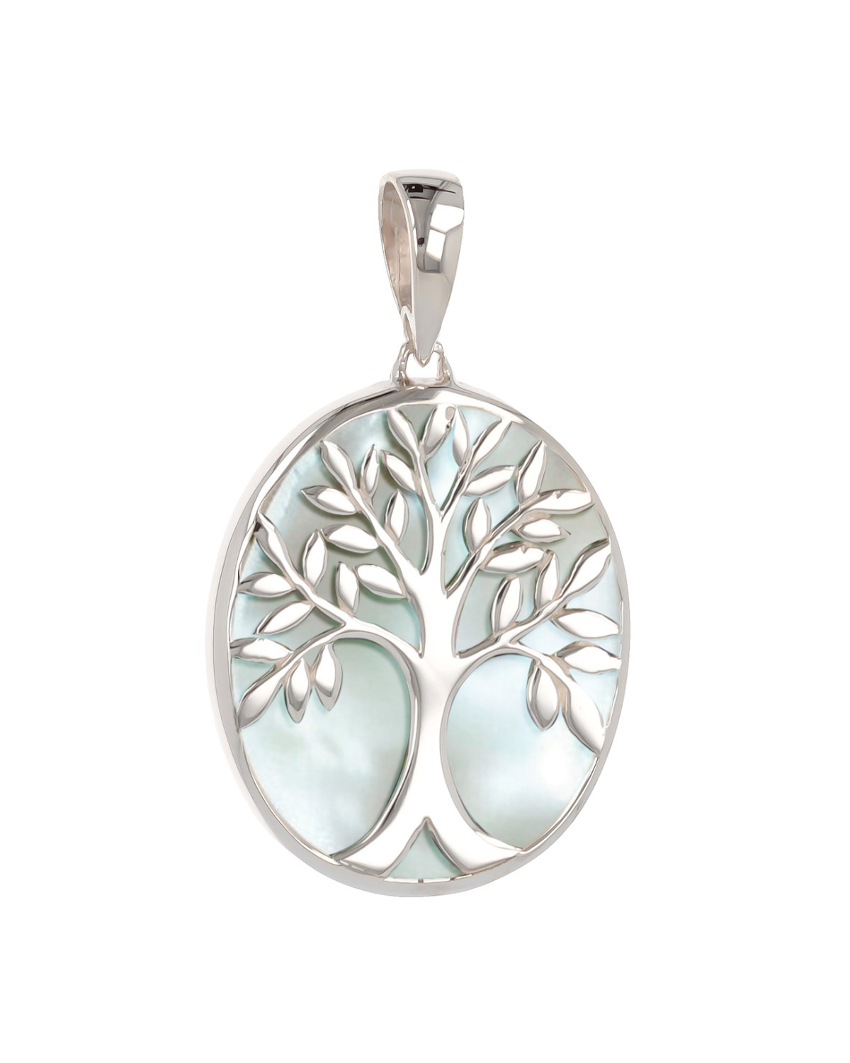 White Mother-of-Pearl and 925 Silver Tree of Life Pendant - Oval Design