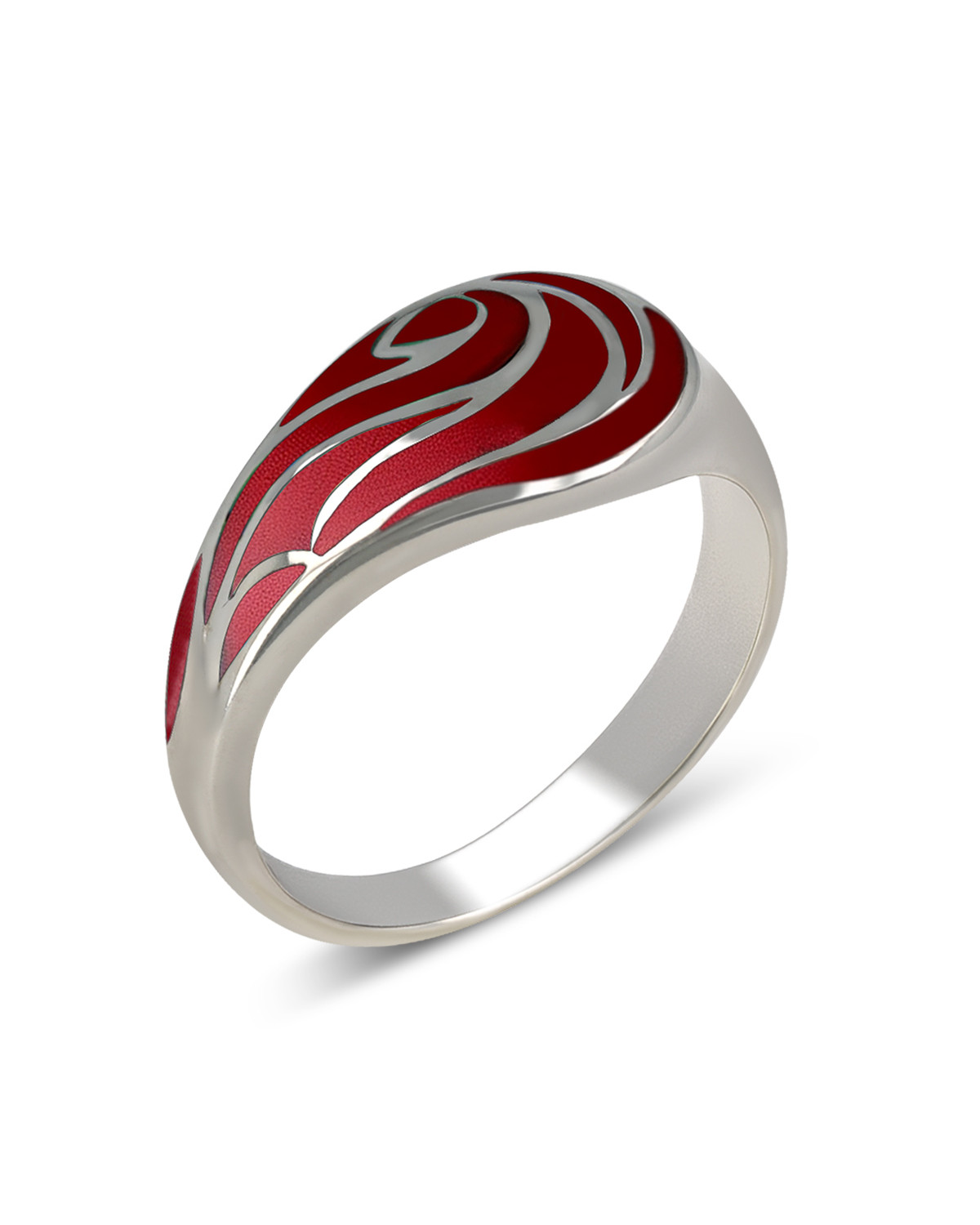 925 Sterling Silver Ring with Red Coral and Wave Pattern - Nerida