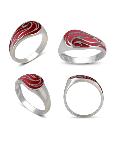 Nerida Collection - Sterling silver ring with wave pattern and red coral shown from multiple angles