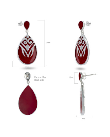 Boucles d'Oreilles en Corail Rouge et Argent 925 - Motifs Incas