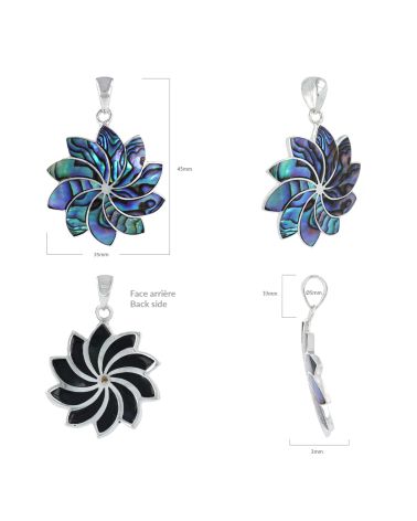 Abalone Mother of Pearl Flower Pendants Set - Handcrafted 925 Silver Jewelry - Various Finishes - Shown From Different Angles