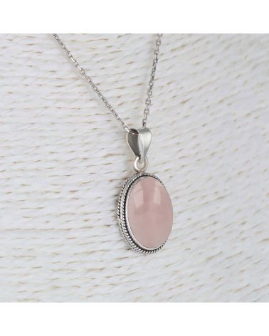 Pendentif Pierre Quartz Rose Naturelle sertie Argent 925 millième rhodié