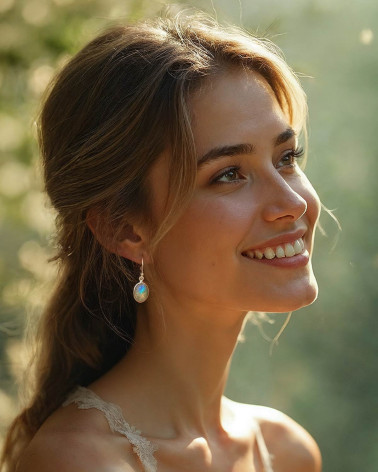 Pendientes CLEO en plata rodiada con piedra de luna natural – Llevados en modelo