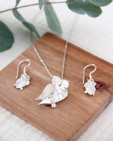 Orecchini Madreperla Bianca Gufo Argento Massiccio 925
